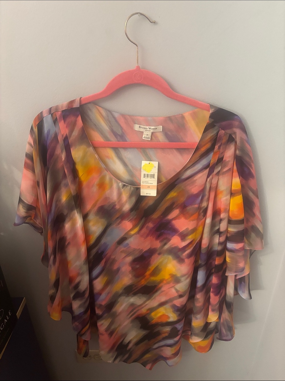 Studio Works Pink Multi-Color Watercolor Flutter-Sleeve Blouse